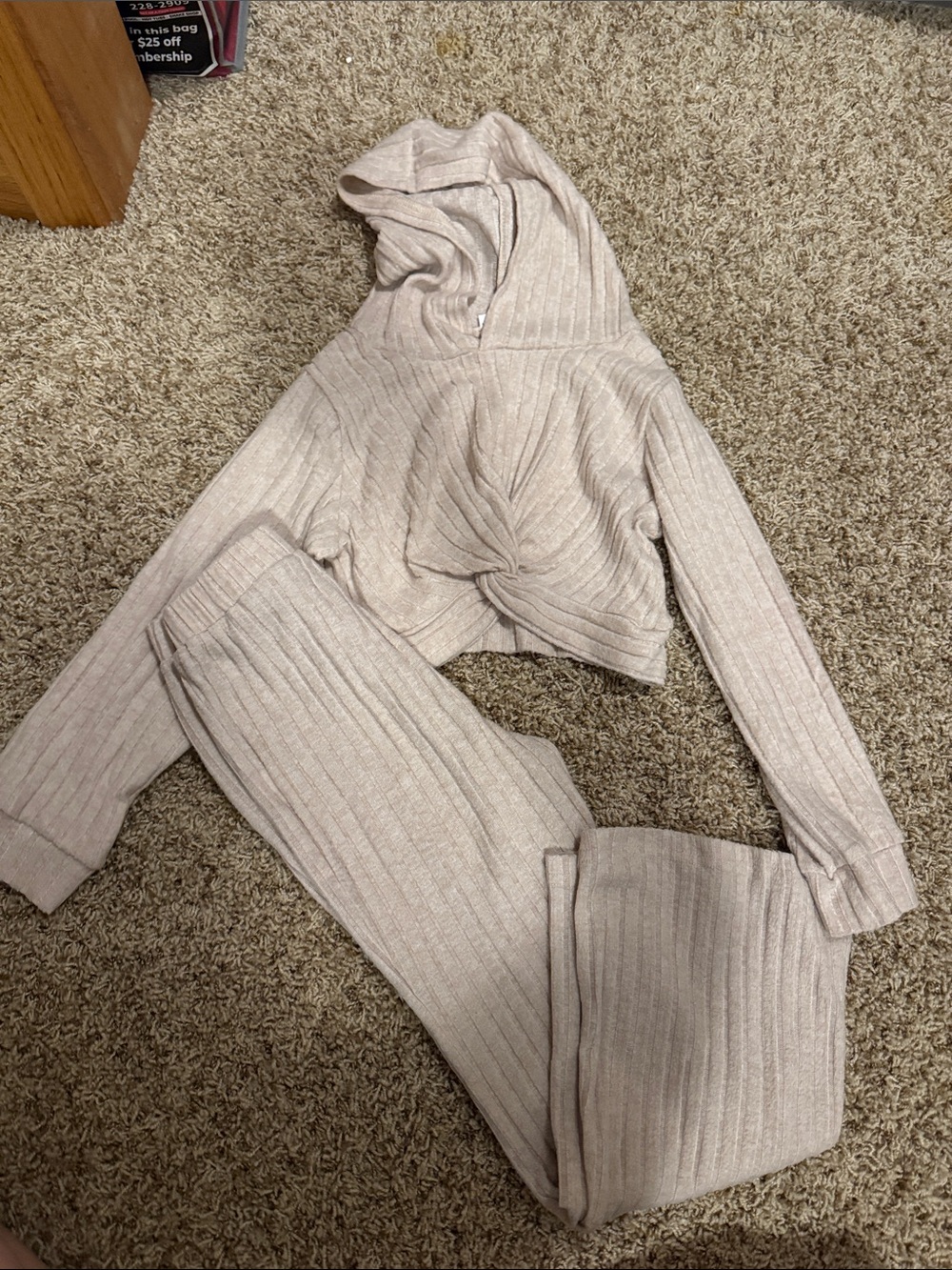 Ribbed Hooded Lounge Set in Light Beige